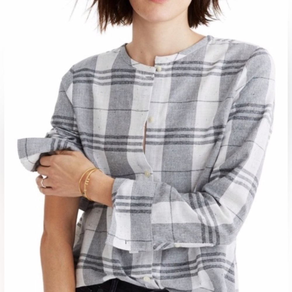 MADEWELL Plaid Collarless Button‎ Down Shirt Small
